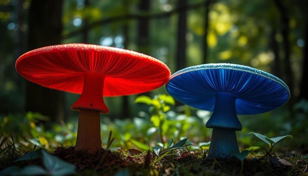 Symbolik des roten und blauen Pilzes